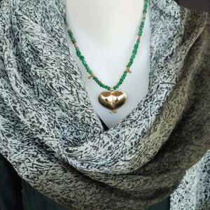 GOLD and GREEN Statement necklace, Gold heart, love statement, Valentine's day present, Ethnic jewelry, Brass pendent, Green beads necklace. image 10