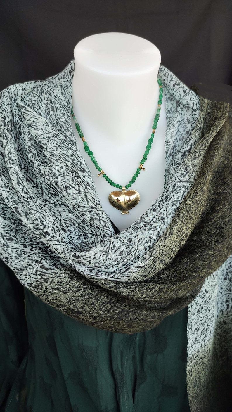 GOLD and GREEN Statement necklace, Gold heart, love statement, Valentine's day present, Ethnic jewelry, Brass pendent, Green beads necklace. image 10