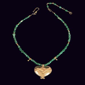 GOLD and GREEN Statement necklace, Gold heart, love statement, Valentine's day present, Ethnic jewelry, Brass pendent, Green beads necklace. image 8