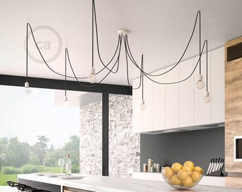 Octopus pendant lamp with multiple arms and extra-flexible black textile cable - 4 colors of sockets and metal rosette to choose from - easy assembly