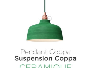 COPPA bell-shaped pendant lamp in ceramic handmade color green leaf interior in white enamel - E27 metal socket color of your choice