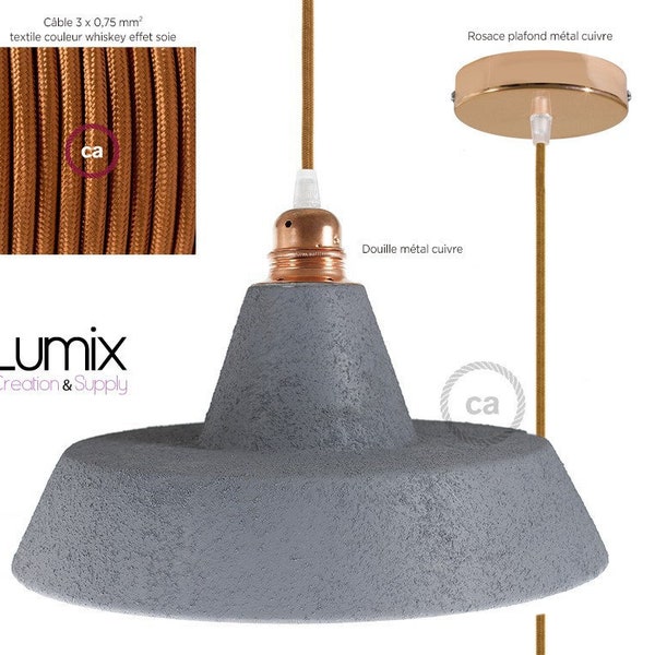 Lampe suspension type gamelle d'atelier style industriel - abat-jour en céramique effet ciment - Réédition artisanale