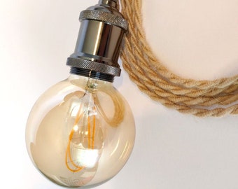 Portable lamp with twisted jute thread and vintage black pearl socket with ring for installing a possible lampshade
