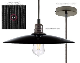 Suspension flat ceramic lampshade black enamel copper interior - color of the textile cable of your choice