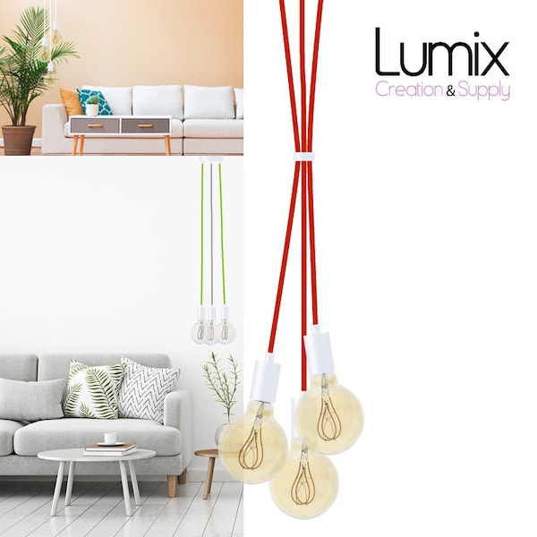 Suspension 3 lamps modern style white metal varnished custom creation - textile cable length, style and colors of your choice - lighting