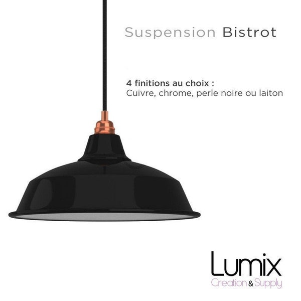 Suspension Bistrot métal revêtement extérieur émail noir et intérieur blanc - luminaire style industriel - Création sur-mesure