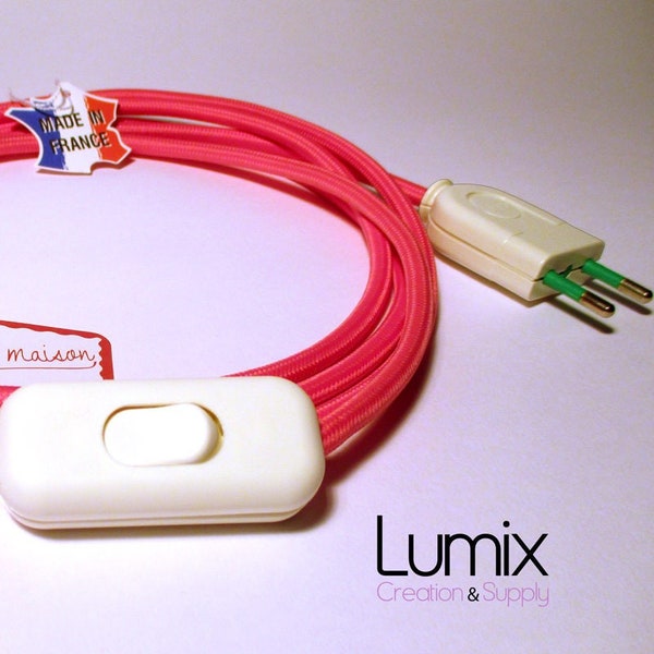 Cordon d'alimentation 2,5 m câble textile Fuchsia avec interrupteur bipolaire et fiche de branchement - Création Lumix