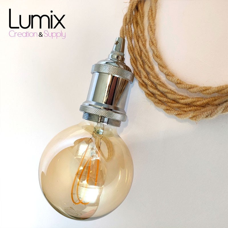 Lampe Baladeuse Fil Jute Torsadé et Douille Vintage Chromée avec Bague Pour Pose d'un Éventuel Abat-