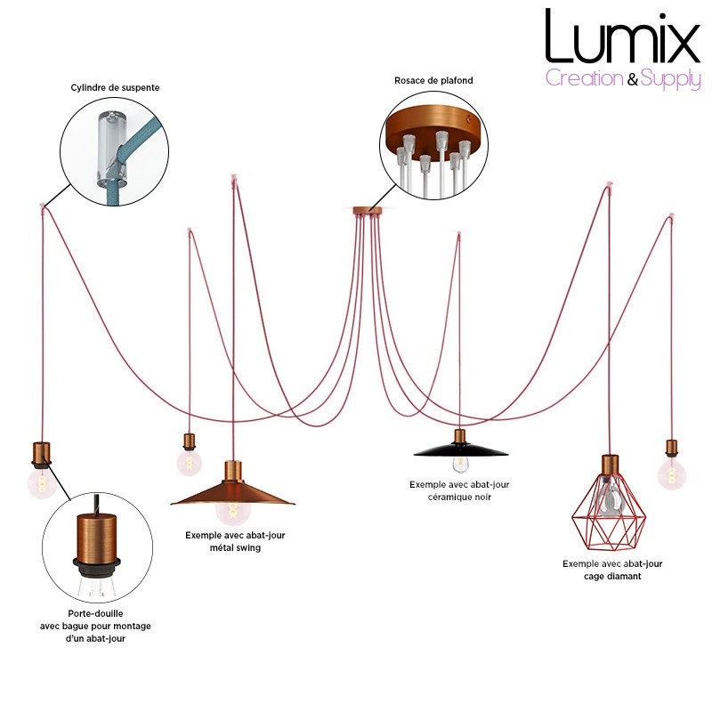 Suspension Multiple Médusa 6 Lampes avec Porte-Douille Métal Bague - Câble Textile Bordeaux Rond ou 