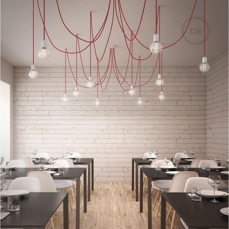 Octopus pendant lamp with multiple arms and flexible red textile cable-4 colors of sockets and ceiling rose with choice-easy assembly