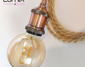 Portable lamp with twisted jute wire and vintage copper socket with ring for fitting a possible lampshade