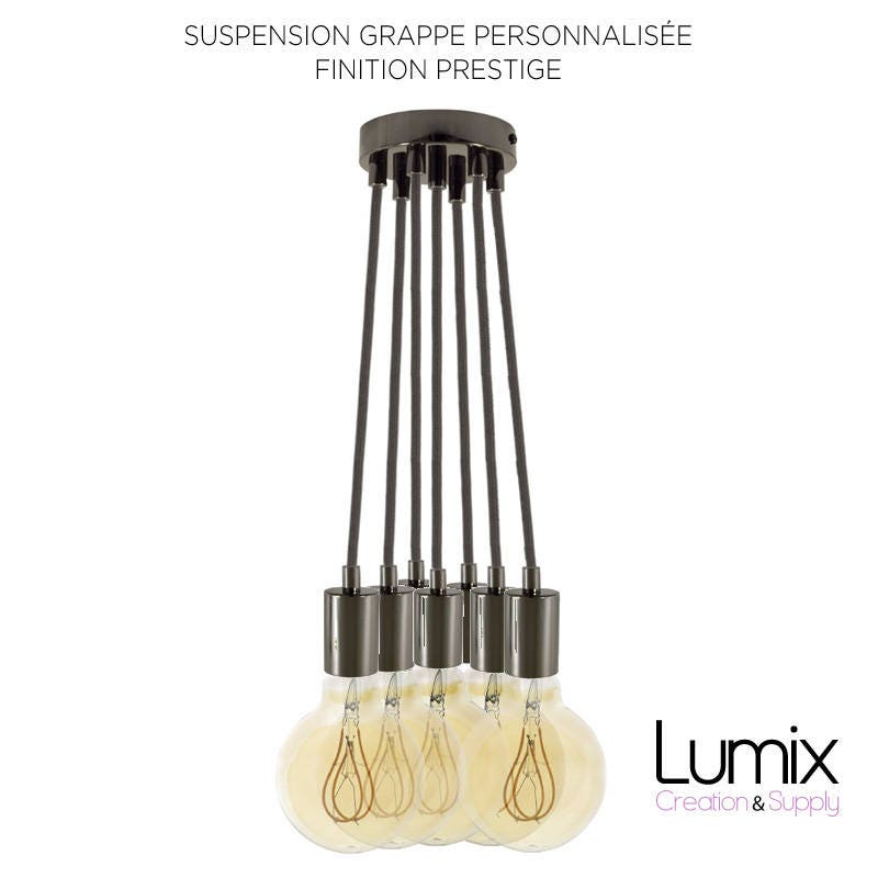 Suspension Multiple en Grappe 7 Douilles Finition Prestige - Porte-Douille Métal Au Choix Perle Noir