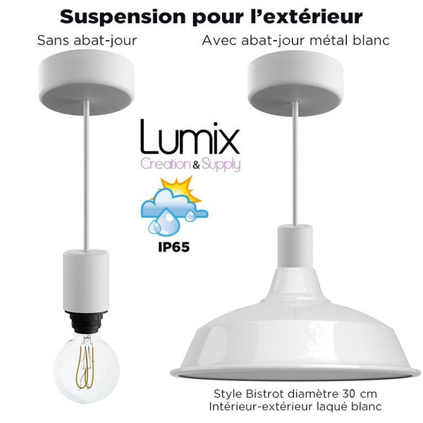 Lampe en suspension pour l'extérieur - Luminaire sur-mesure étanche IP65 - Porte-Douille silicone blanc à bague E27