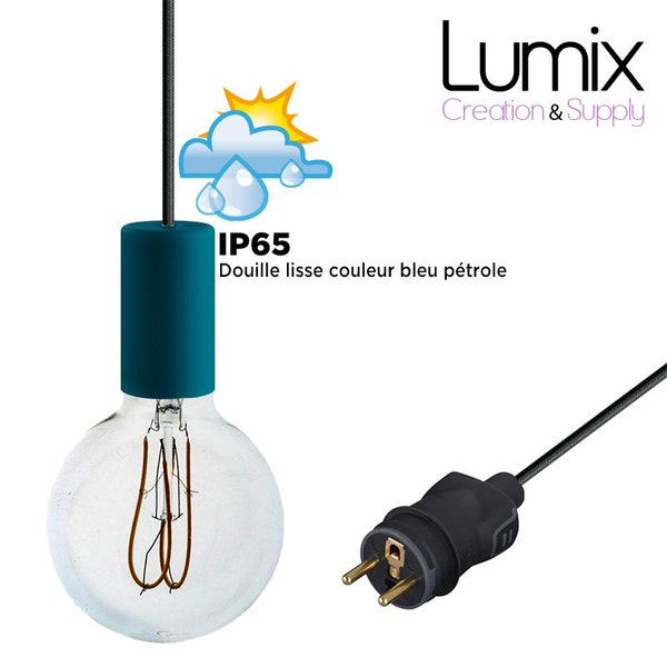 Lampe baladeuse à suspendre utilisable à l'extérieur - De 3 à 10 mètres de câble textile IP65 - 3 couleurs de douilles lisses et câble IP65