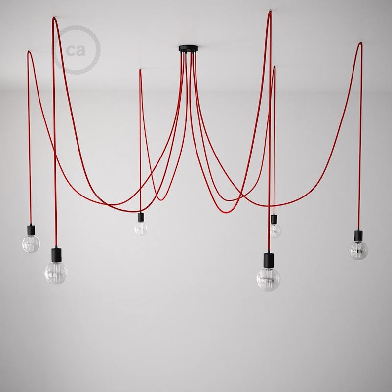 Octopus pendant lamp with multiple arms and flexible red textile cable-4 colors of sockets and ceiling rose with choice-easy assembly