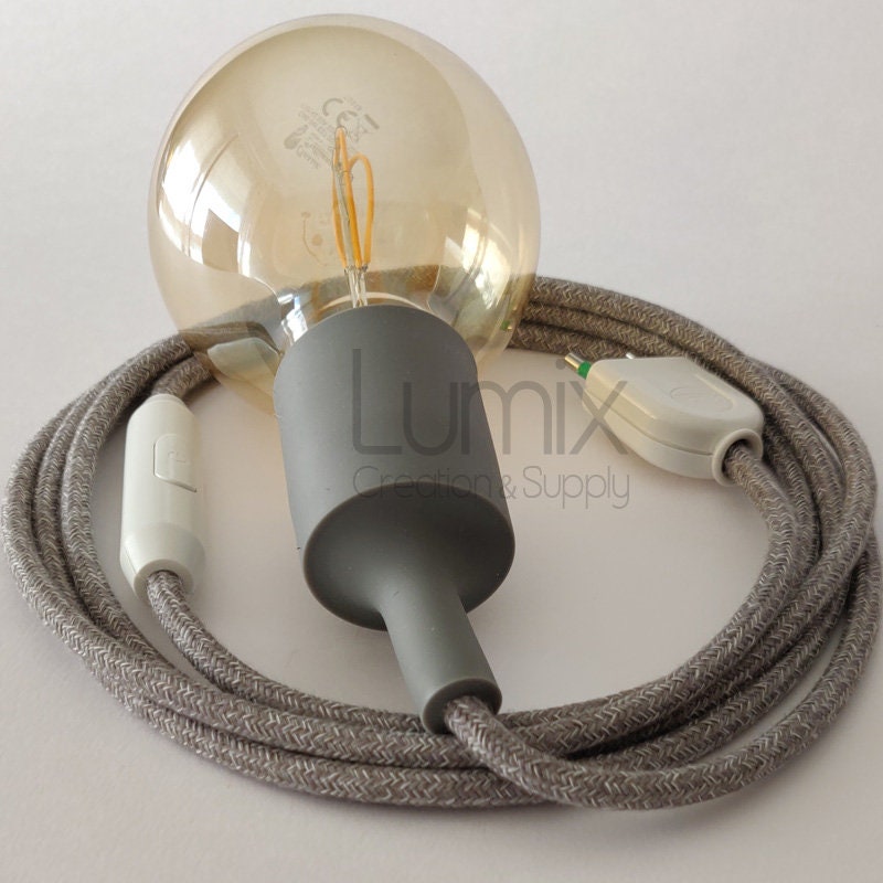 Lampe Baladeuse à Douille Silicone Grise et Câble Textile en Lin Naturel Gris - Interrupteur Bipolai