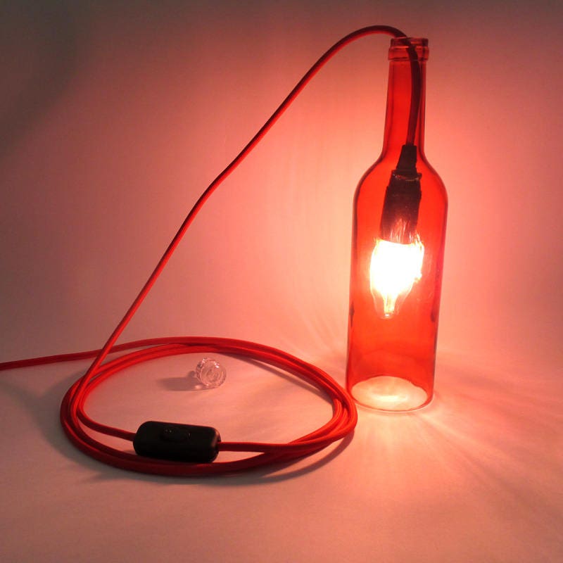 Lampe Baladeuse Bouteille Rouge - à Suspendre ou Poser Couleur de Câble Textile Au Choix Douille E14