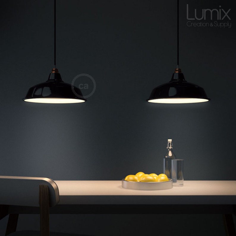 Pendant bistro metal coating black enamel and white interior