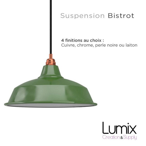 Suspension Bistrot métal revêtement extérieur émail vert et intérieur blanc -  luminaire style industriel - Création sur-mesure