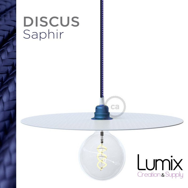 Lampe Suspension Discus Saphir Disque Métal Peint Blanc et Verni - Câble Textile Bleu Saphir