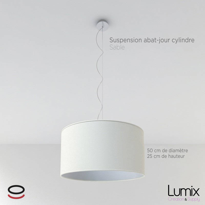 Suspension Abat-Jour Cylindre Xxl 50 cm de Diamètre - Revêtement Toile Sable Blanc Fait Main en Fran
