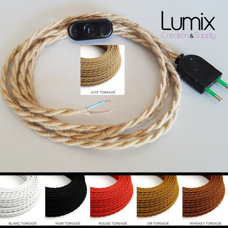 Cordon Alimentation Interrupteur Vintage à Glissière et Câble Torsadé Couleur Longueur Au Choix