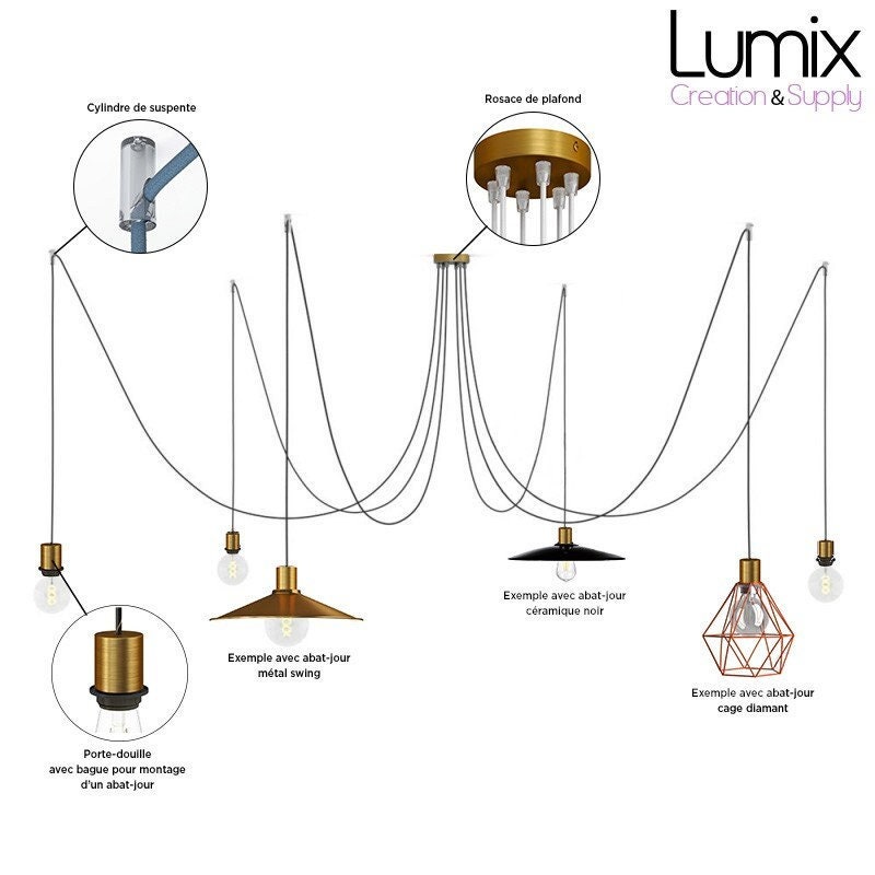 Suspension Multiple Médusa 6 Lampes avec Porte-Douille Métal Bague - Câble Textile Lin Neutre Rond o