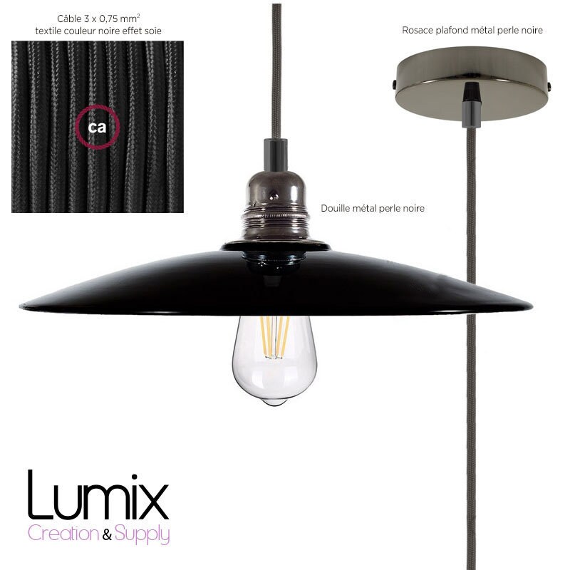 Suspension Abat-Jour Plat Céramique Émail Noir Intérieur Cuivre - Couleur Du Câble Textile Au Choix