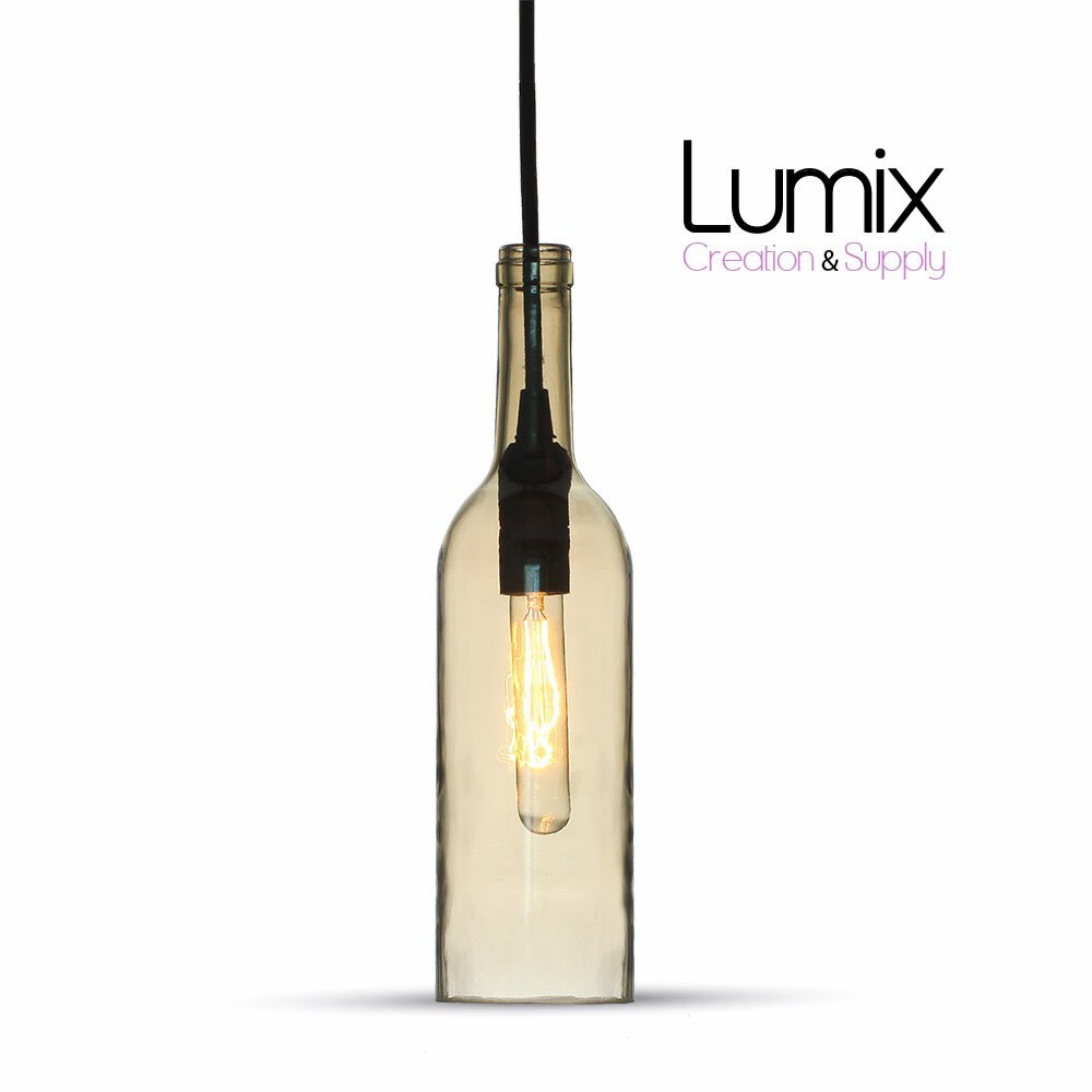 Suspension Bouteille en Verre Teinté Couleur Ambre - Douille E14 ou E27 Au Choix Câble Textile Égale