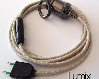 Portable lamp with natural linen cable and vintage black pearl socket with ring for possible shade assembly - push button torpedo switch