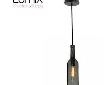 Dark gray tinted glass bottle pendant light - E14 or E27 socket of your choice - color textile cable also of your choice