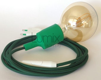 Portable lamp with green silicone socket and dark green textile cable - Bipolar torpedo switch - Decorative color finish