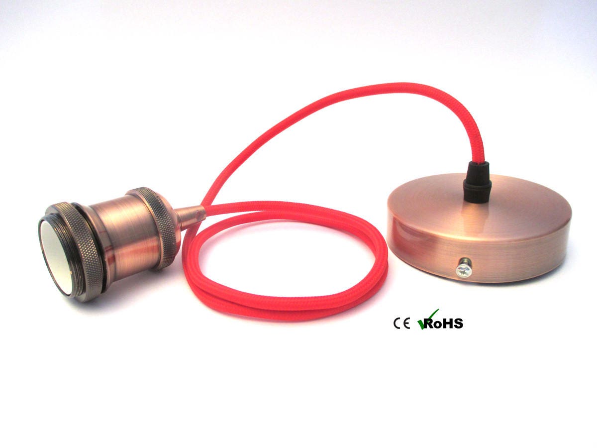 Lampe Suspension Douille Vintage et Rosace Métal Bronze Rouge Câble Textile Ultra Souple Couleur Lon