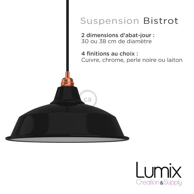 Pendant bistro metal coating black enamel and white interior