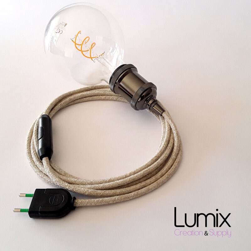 Lampe Baladeuse Câble Lin Naturel et Douille Vintage Perle Noire avec Bague Pour Éventuel Montage Ab