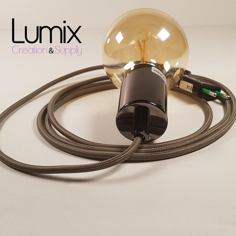 Lampe à Suspendre Type Baladeuse Porte-Douille Métal Lisse Perle Noire de Tahiti - Câble Textile Gri