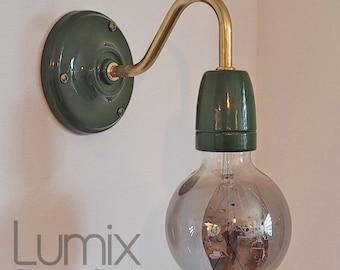 Real green porcelain wall light and swan neck tube in waxed brass or varnished metal