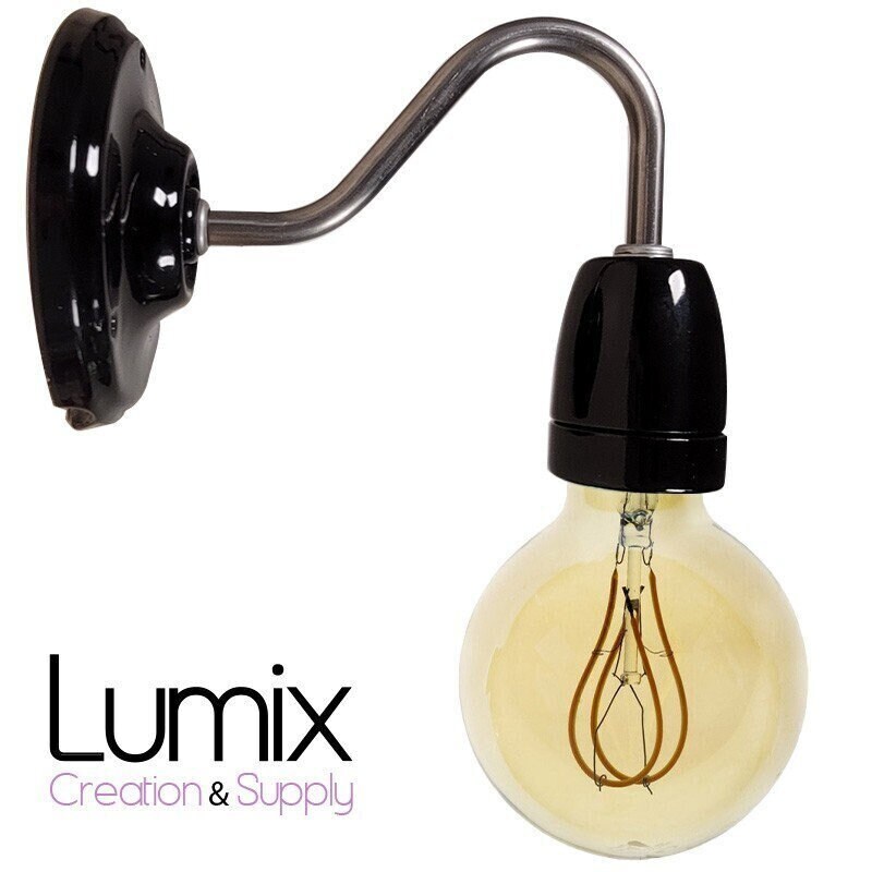 Applique Véritable Porcelaine Noire et Tube Col de Cygne en Laiton Ciré ou Métal Vernis