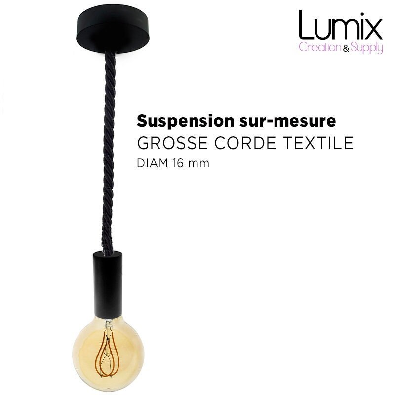 Suspension Grosse Corde 16 mm Noir Brillant - Montage Sur-Mesure