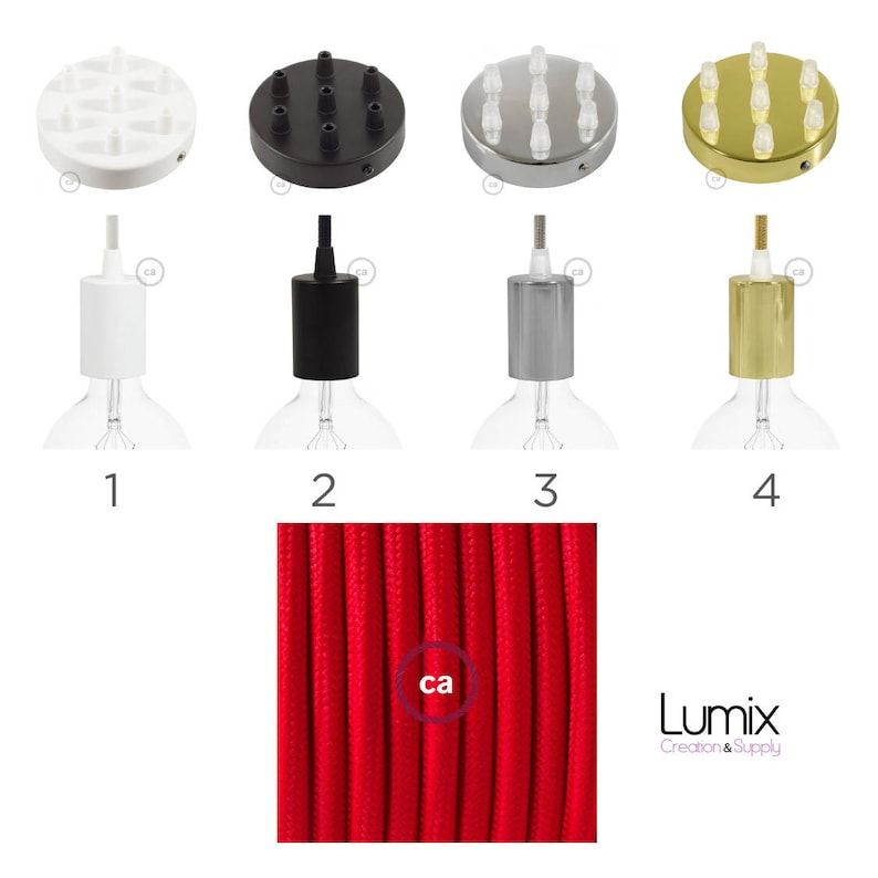 Octopus pendant lamp with multiple arms and flexible red textile cable-4 colors of sockets and ceiling rose with choice-easy assembly