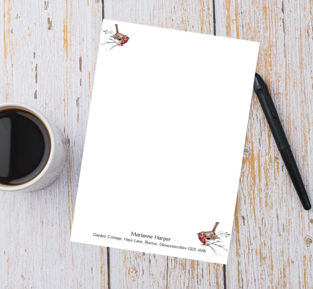 Personalised A5 Robin Writing Notepaper Set of 10 Sheets Letterhead ...