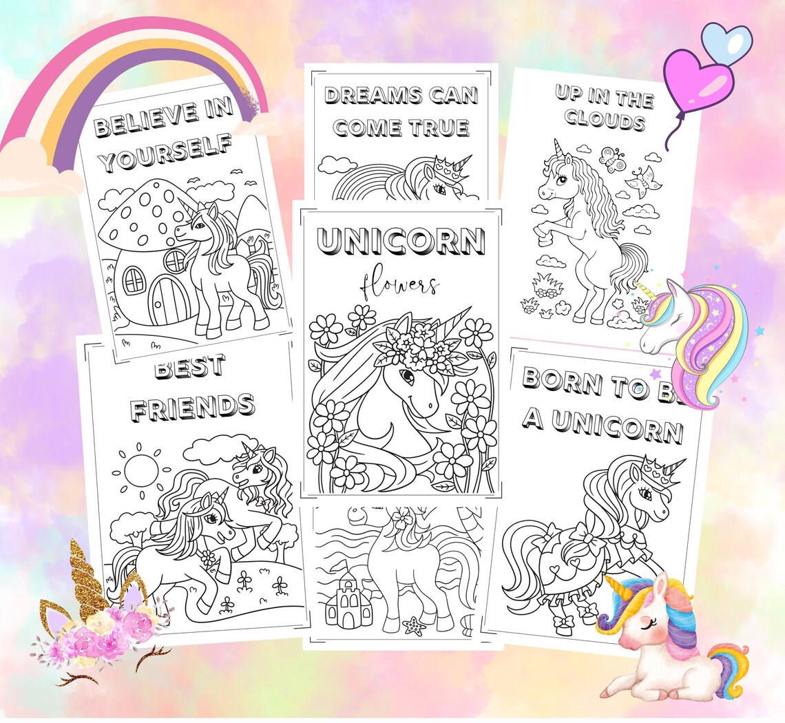 Kids Printable Unicorn Colouring Pages,20 Pages of Unicorn Childrens ...
