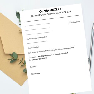 May include: A formal letter on white paper with the name "OLIVIA HUXLEY" at the top, along with an address and the date "22th July 2025". A brown envelope and a silver pen are also in the image. The letter is advising of a new address.