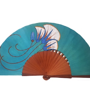 Wood fan/Bouquet fan/Spain fan/hand painted fan/flamenco fan/Hand fan  "Papyrus flower in turquoise"