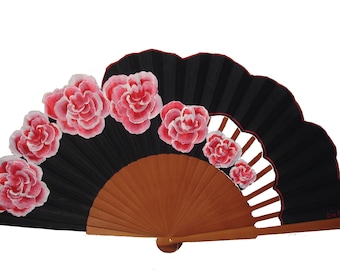 Spanish Hand Fan "Rosas de Granville", Hand Painted Roses Wood Fan, Floral Folding Fan, Abanico de Madera Artesanal, Unique Artisan Gift