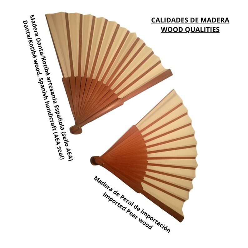 May include: Two hand fans made of wood. The top fan is made of Danta/Kotib&eacute; wood, a Spanish handicraft with the AEA seal. The bottom fan is made of imported pear wood.