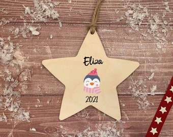Star Hanging Decoration / Penguin / Child's Christmas ornament / Personalised bauble / Personalised family ornament / light wood /