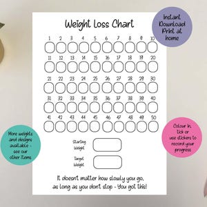 Downloadable Weight loss Chart Tracker Colour in or add stickers  30 kg / 35 kg/ 40kg / 45 kg / 50kg / 30lbs / 35lbs / 40lbs / 45lbs / 50lbs