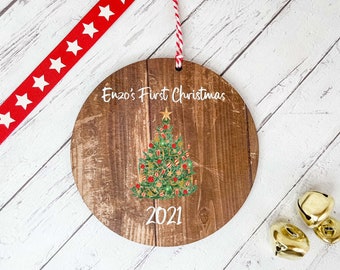 Circle Hanging Decoration / Baby's first Xmas tree / Lockdown 2021 Personalised message / dark wood /