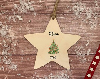 Star Hanging Decoration / Tree / Child's Christmas ornament / Personalised bauble / Personalised family ornament light wood